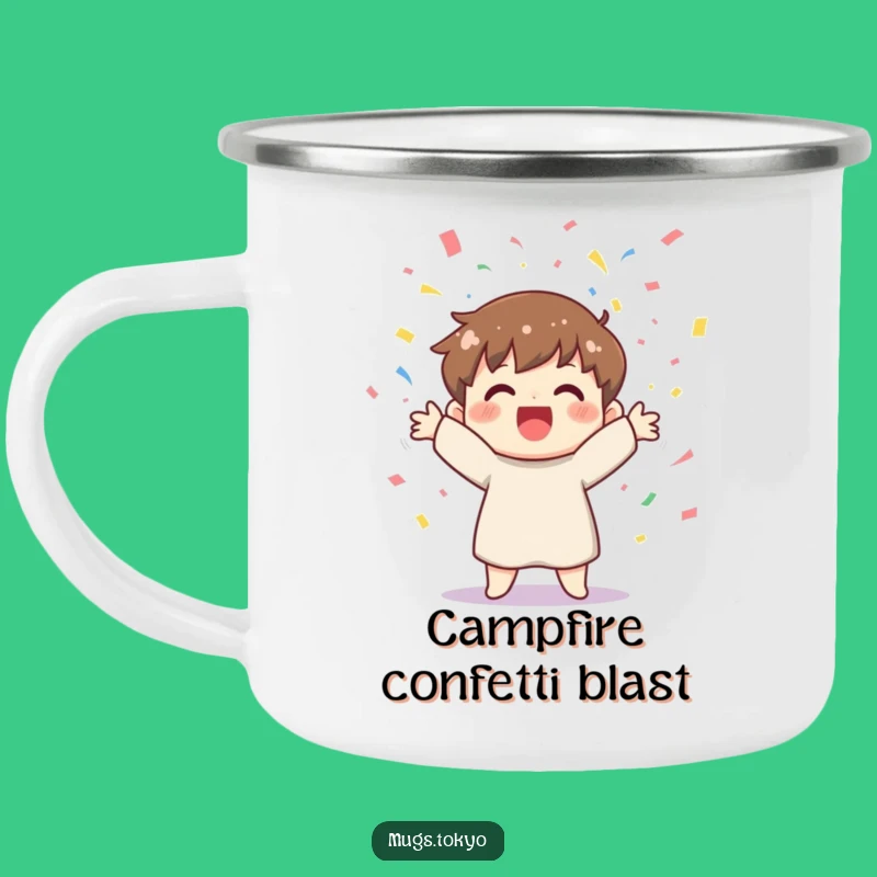 Funny Confetti Camping Mug - Cheerful Character Celebration Outdoor Gift