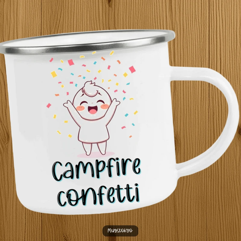 Funny camping mug showing a cheerful character tossing colorful confetti, perfect for enjoying beverages outdoors with a festive twist.