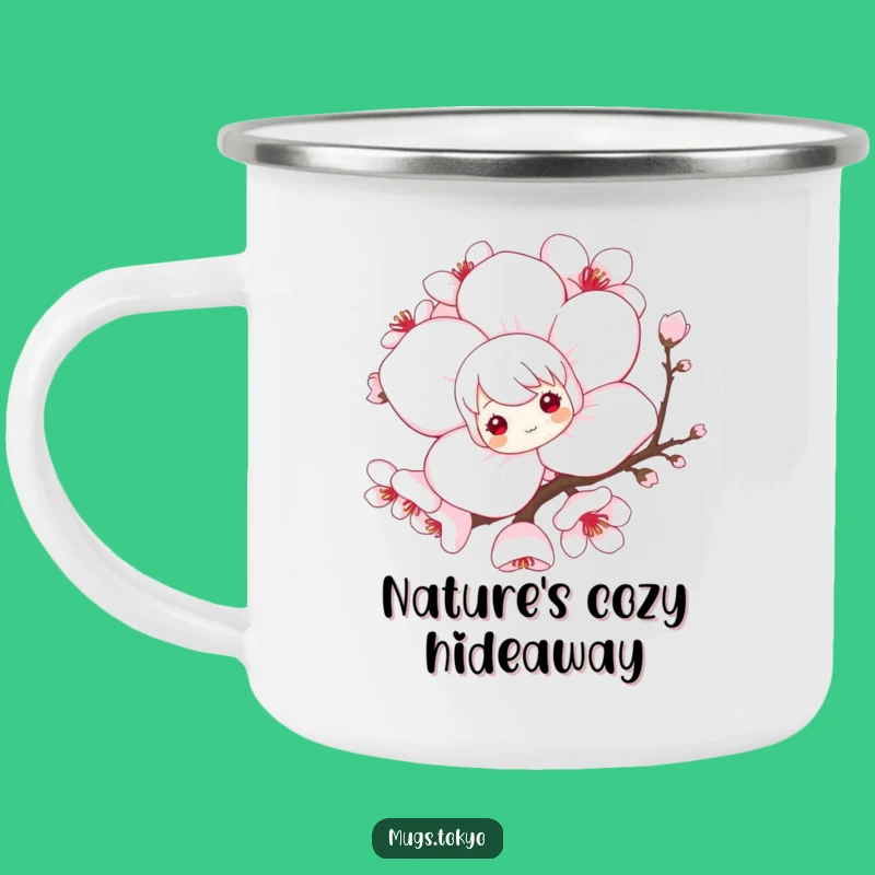 Funny Enamel Camping Mug: Cherry Blossom Peek, Whimsical Outdoor Gift!