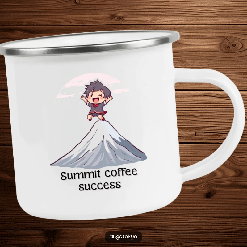 Funny Camping Mug displaying a joyful character leaping over Mount Fuji, ideal for outdoor adventures and funny gifts.
