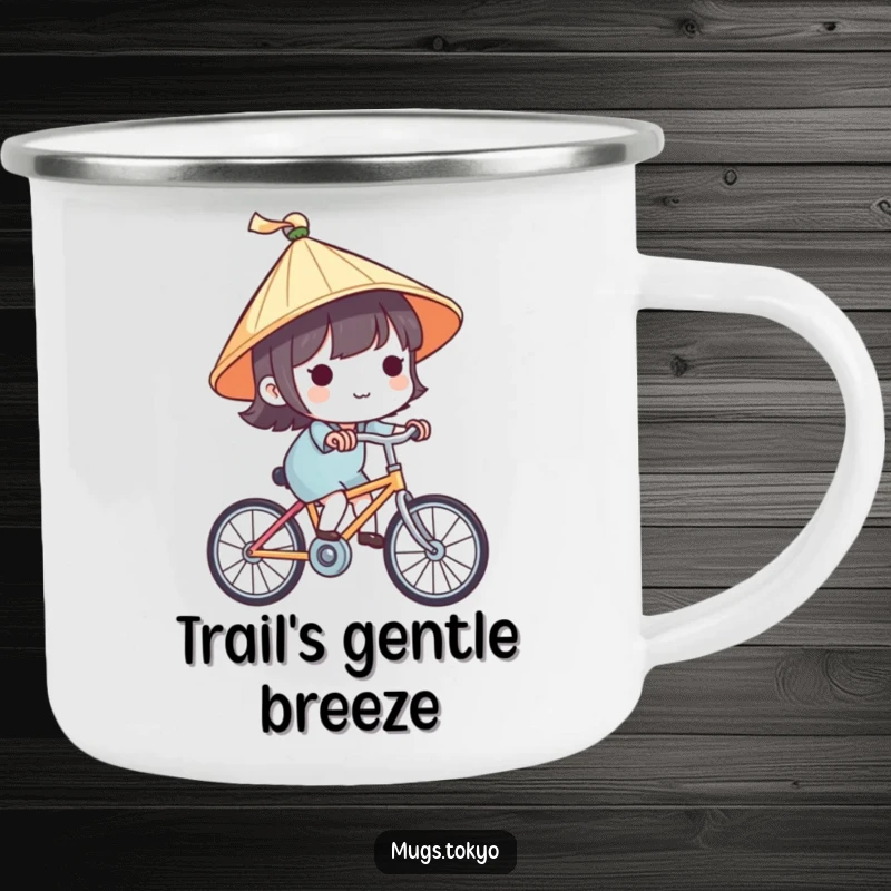 Funny camping mug showing a cute character with a tiny Japanese hat, happily riding a bike, perfect for enjoying beverages outdoors with a humorous twist.