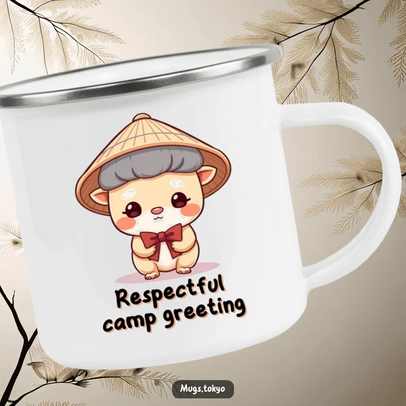 Funny Camping Mug showcasing a cute creature in a Japanese hat, bowing shyly, perfect for peaceful sips in nature.
