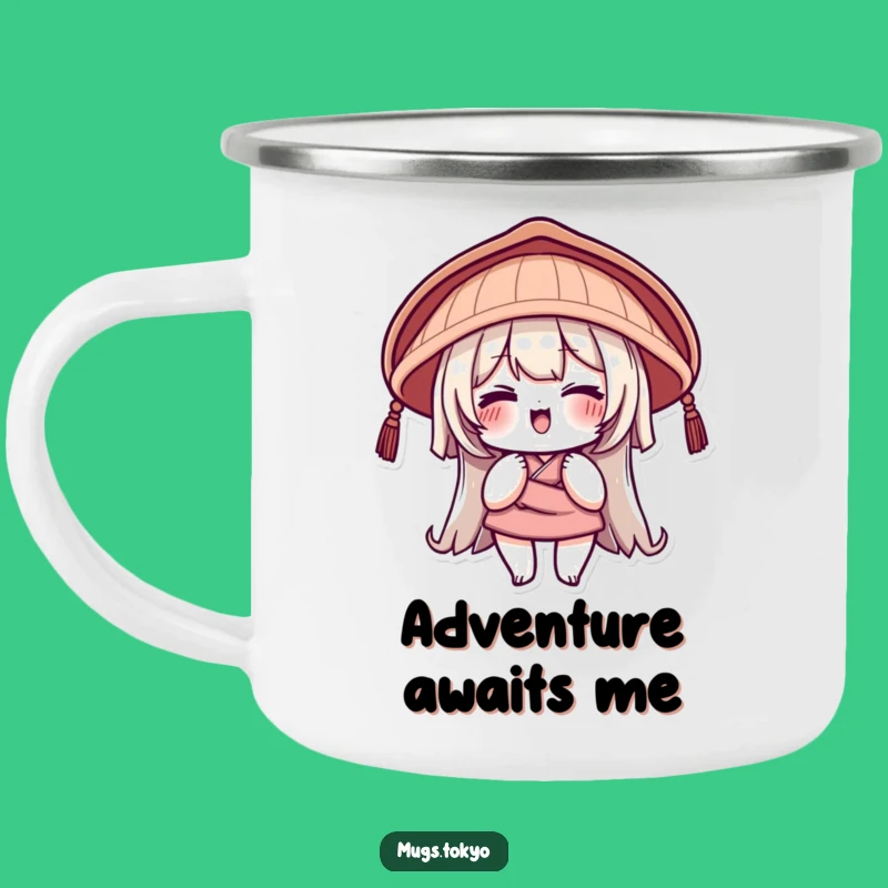 Funny Japanese Hat Camping Mug: Winking Character, Playful Outdoor Humor