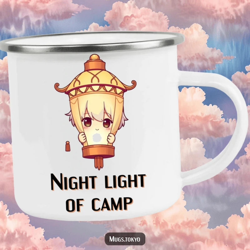 Funny Camping Mug: Character humorously peeks from behind a glowing lantern, ideal for enjoying drinks outdoors with a mysterious vibe.