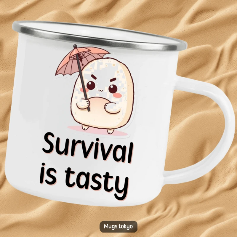 Funny camping mug with a cute onigiri character with a determined expression, wielding a tiny umbrella, for outdoor preparedness.