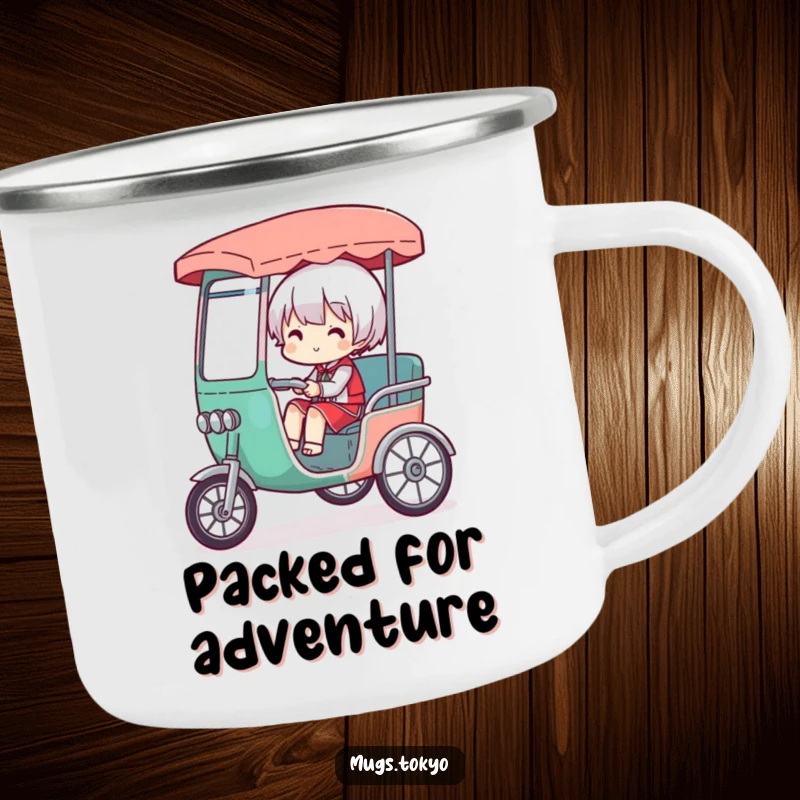 Funny camping mug with a character comically overloaded in a tiny rickshaw, perfect for enjoying drinks outdoors with a humorous perspective.