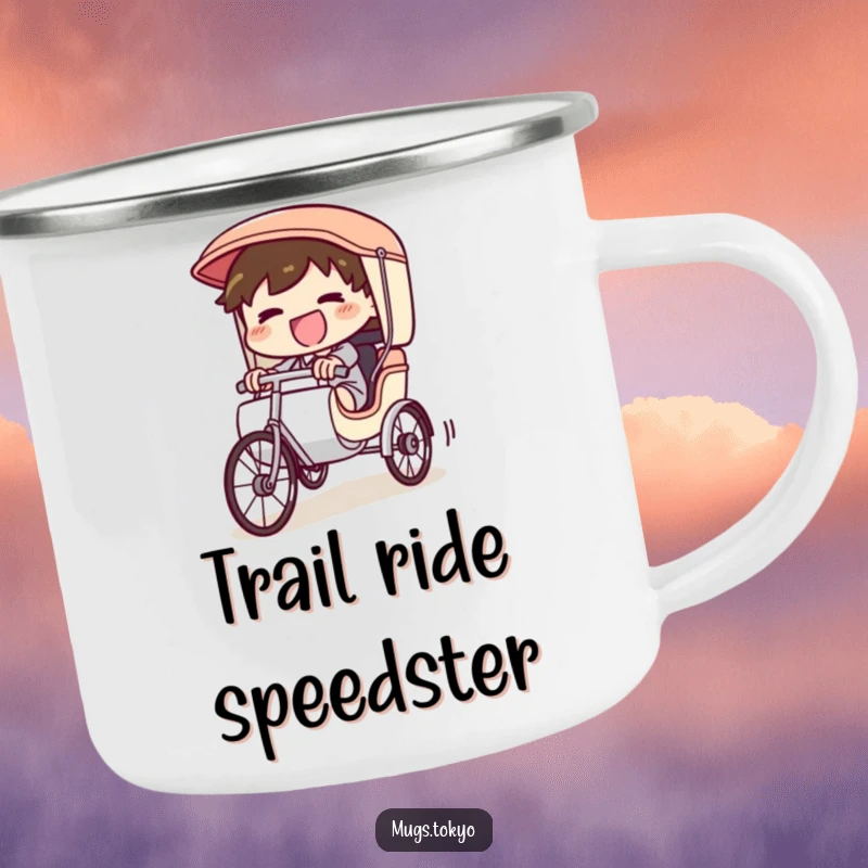 Funny Camping Mug showcasing a giggling character in a rickshaw, pedaling furiously downhill, perfect for adventurous sips.