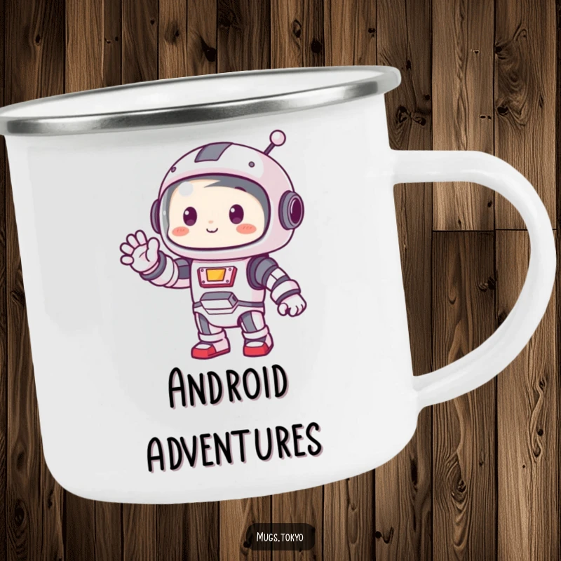 Funny camping mug featuring a cute character in a small robot costume waving hello.