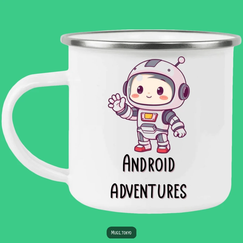 Funny Robot Camping Mug: Waving Character, Sci-Fi Adventure, Perfect Gift