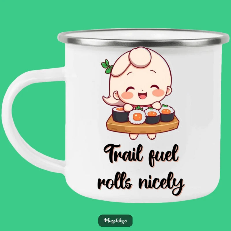 Funny Sushi Campfire Mug: A Character Balancing Good Times and Great Food!