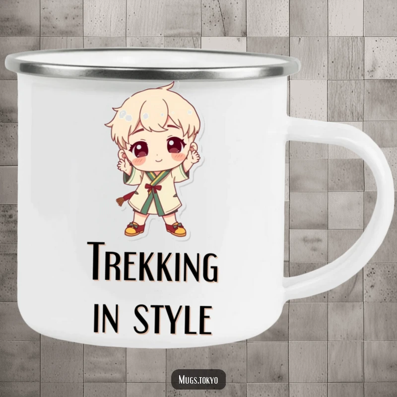 Funny character wearing traditional footwear striking a playful pose on a rugged camping mug, ready for any outdoor fun.