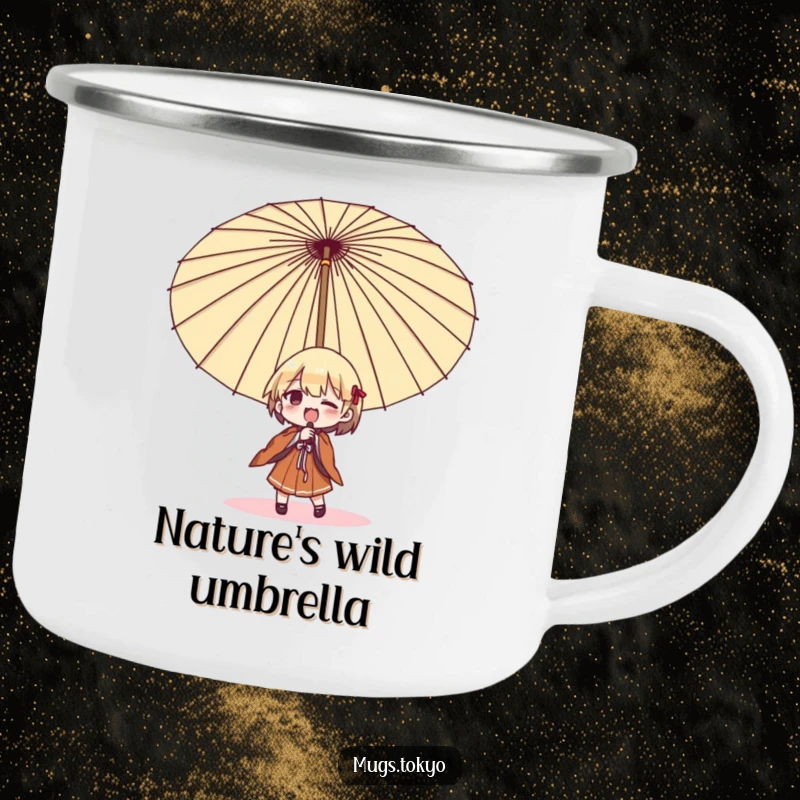 Funny umbrella struggle camping mug, a character comically trying to open a large Japanese umbrella, built for outdoor adventures and laughs.
