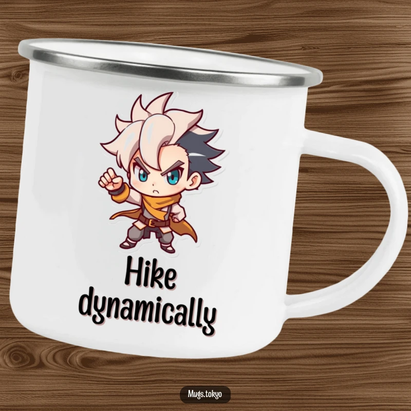 Funny camping mug featuring a determined character with a stylish haircut, posing dynamically. Durable and humorous for outdoor use.