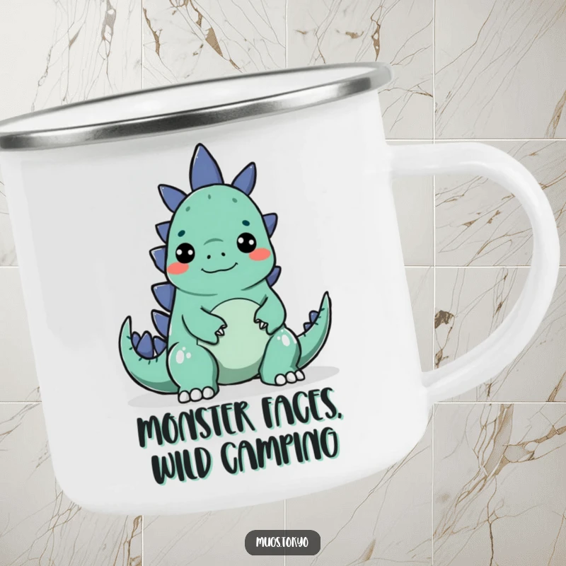 Funny camping mug with a character making a silly face to surprise a small Godzilla, durable and humorous.