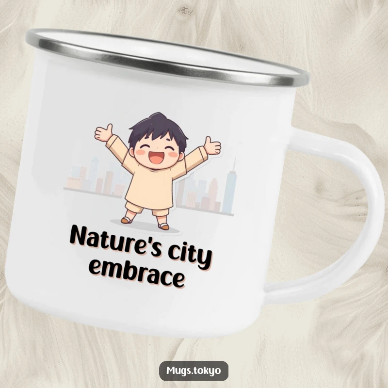 Funny city embrace camping mug, a character joyfully embracing a city skyline silhouette, perfect for urban explorers outdoors.