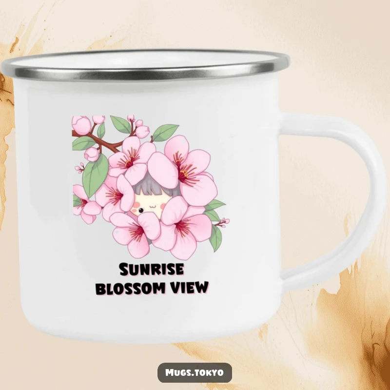 Funny camping mug with a playful character peeking from behind a stylized cherry blossom, perfect for spring outdoor adventures.