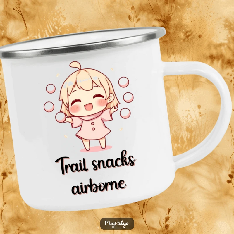 Funny camping mug featuring a character juggling mochi balls, designed to bring smiles on any outdoor adventure.