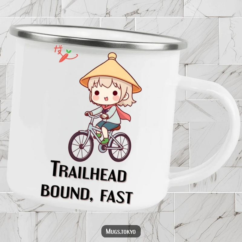 Funny camping mug with a cute character in a Japanese hat, joyfully riding a bicycle, perfect for outdoor adventures.