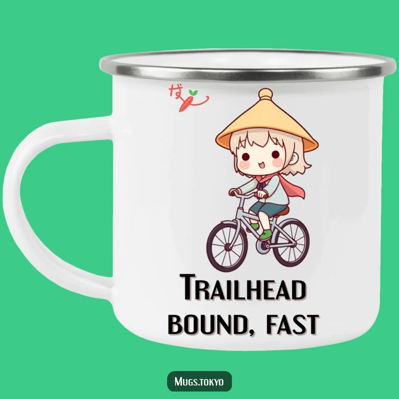 Funny Japanese Hat Camping Mug - Cute Character Bicycle Rider Outdoor Gift