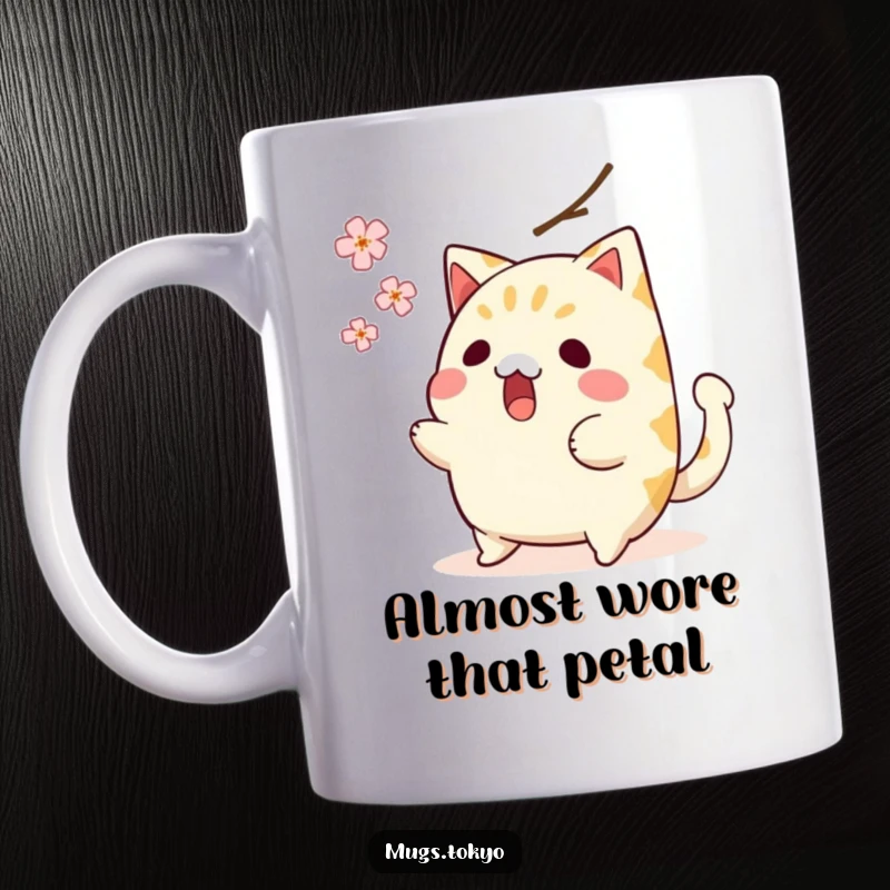 Funny mug featuring a surprised taiyaki character with a wagging tail, narrowly avoiding a falling cherry blossom, great for a laugh.