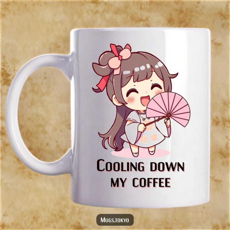 Funny mug showing a character with a huge smile, energetically waving a very large fan to stay cool.