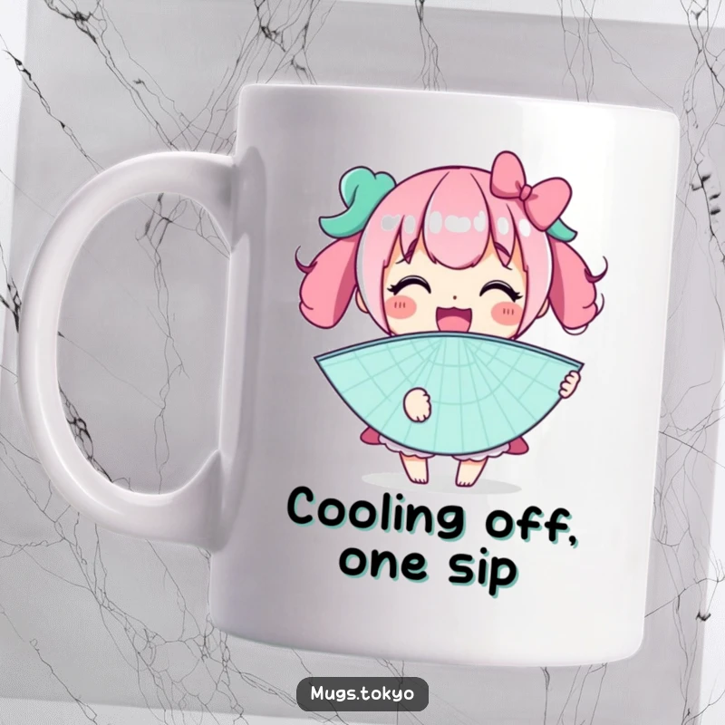 Funny mug showcasing a character smiling widely, holding an enormous novelty fan open, bringing breezy relief and humor.