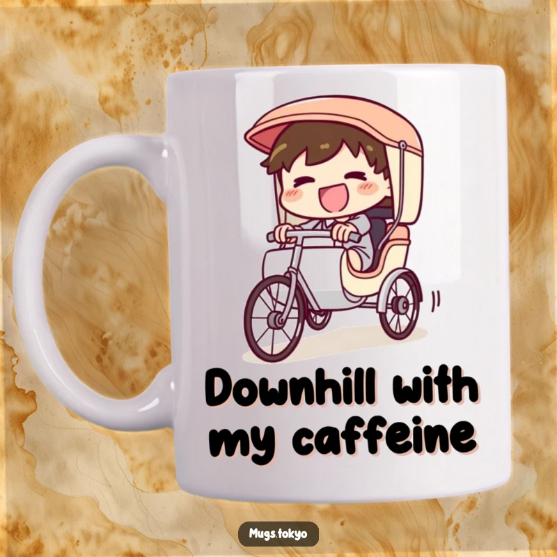Funny Mug featuring a giggling character furiously pedaling a tiny rickshaw downhill, embodying exhilarating speed and uncontrolled merriment.