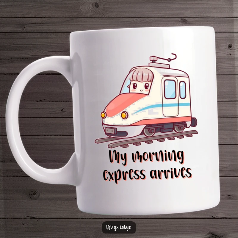 Funny bullet train mug featuring a character joyfully riding a tiny, animated bullet train, perfect for travel humor lovers.