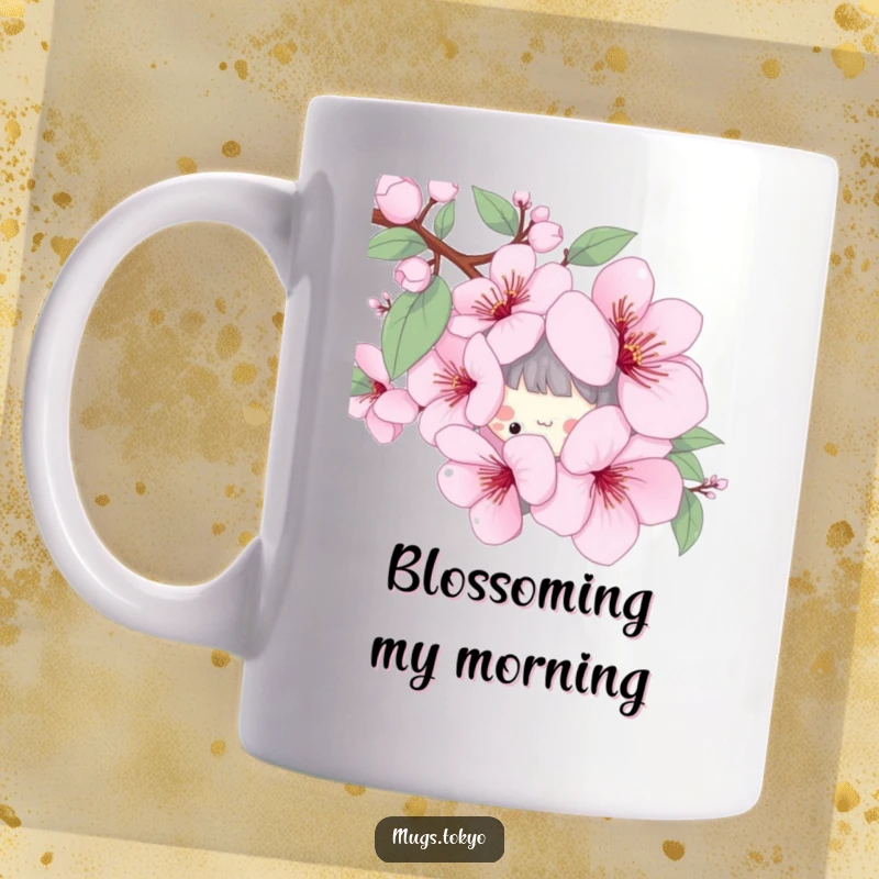 Funny mug with a playful character peeking curiously from behind a large, stylized cherry blossom flower.