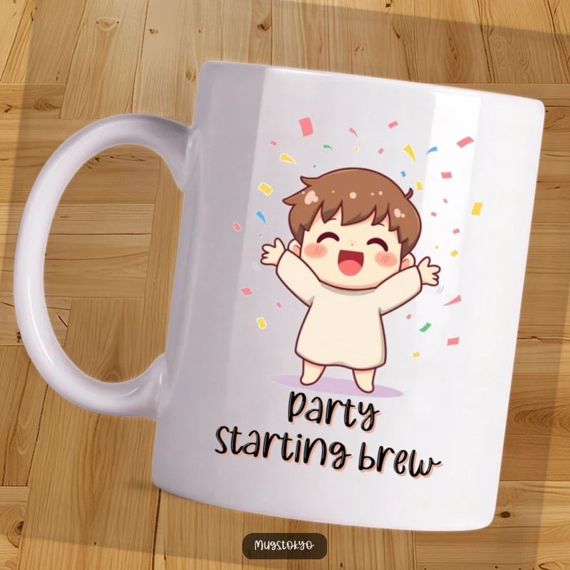 Funny mug showcasing a cheerful character joyfully tossing colorful confetti high into the air, celebrating happiness.