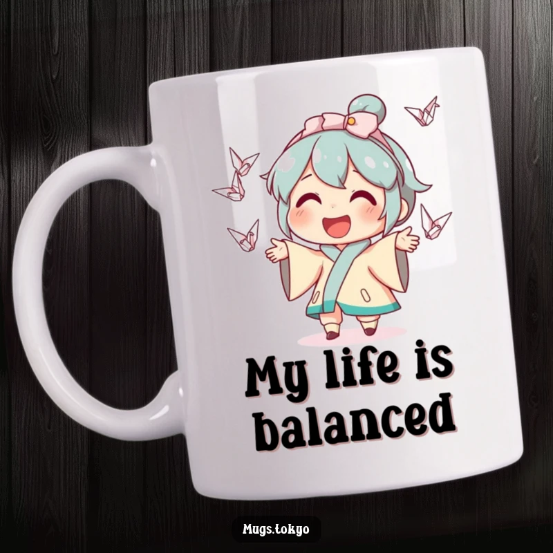 Funny mug with a smiling character expertly juggling small, colorful origami cranes, showcasing a joyful and whimsical art style.