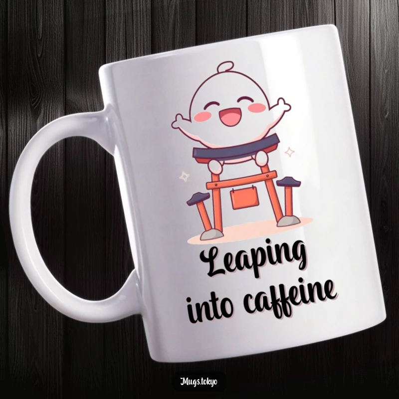 Funny mug featuring a bouncy dango character with a wide grin, joyfully leaping over a miniature shrine gate, perfect for gifting.