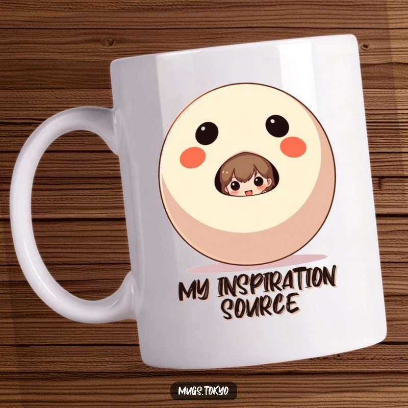 Funny Mug showing a character playfully peeking from behind a giant, traditional Daruma doll.