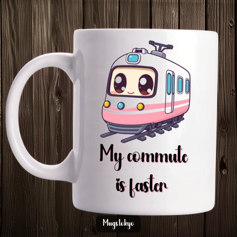 Funny Mug: Expressive eyed character joyfully riding a miniature bullet train, conveying pure happiness and speed.