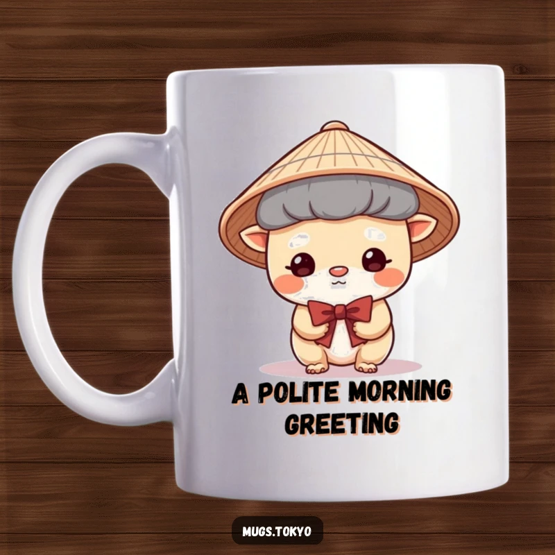 Funny Mug featuring a cute creature in a traditional Japanese hat bowing shyly, embodying politeness, modesty, and gentle charm.