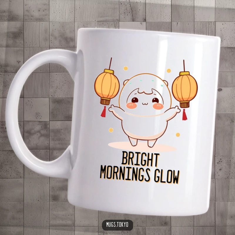 Funny cheerful mochi character with rosy cheeks juggling glowing lanterns, depicted on a mug.