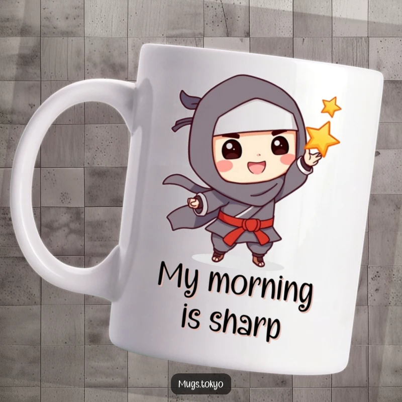 Funny Mug: A grinning ninja playfully tossing a throwing star with expert precision, full of stealthy humor.