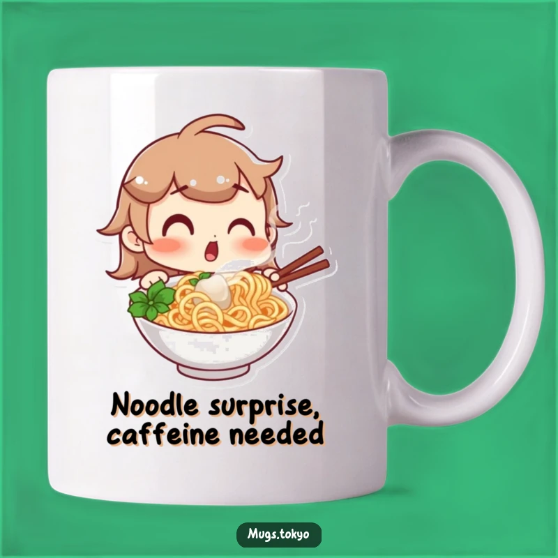 Funny Noodle Surprise Mug: Shocked Character Discovers Delicious Noodles, Perfect Gift