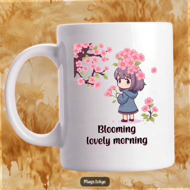 Funny Mug featuring a character adorning a giant pixelated cherry blossom bouquet, evoking nostalgia and a sense of pixelated wonder.