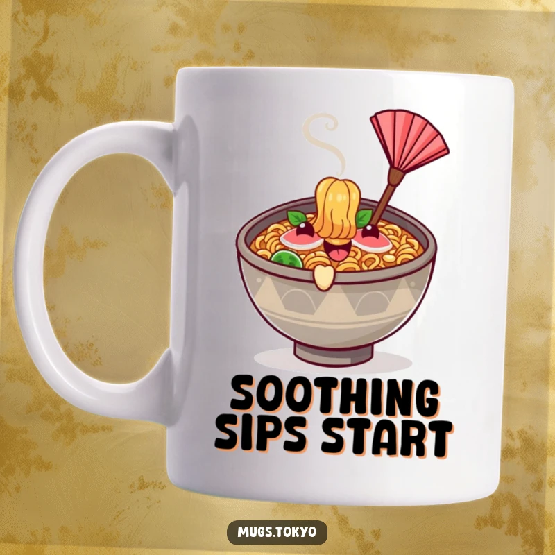 Funny happy ramen bowl character with steam rising, waving a tiny fan, depicted on a mug.