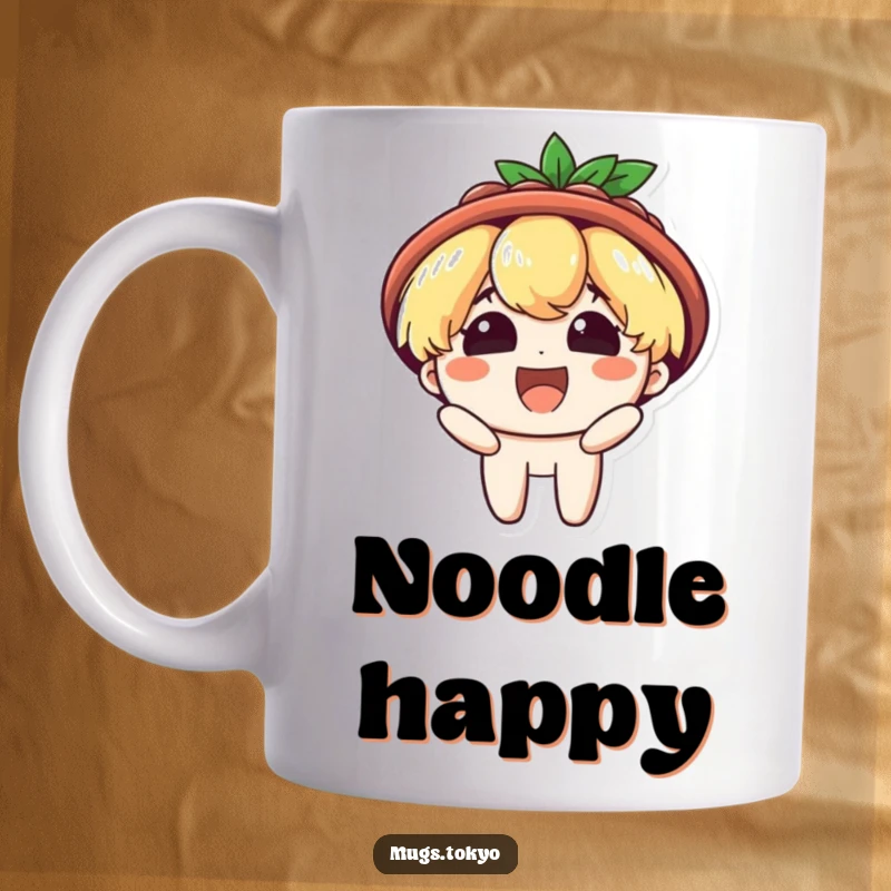 Funny mug with a character wearing a ramen bowl hat, beaming with delight. Joyful and food-themed design.