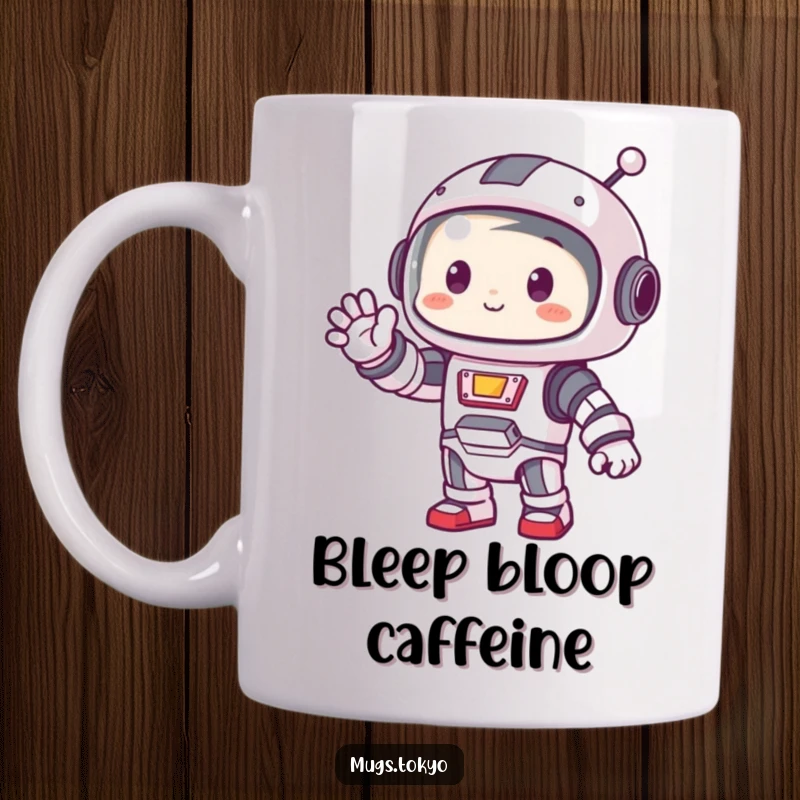 Funny mug with a cute character dressed in a small, charming robot costume, waving a friendly hello.