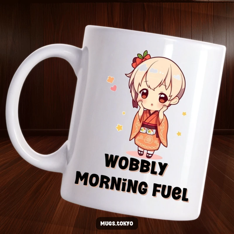 Funny cute character in a kimono, struggling to balance a tall stack of sushi, a charming and humorous mug.