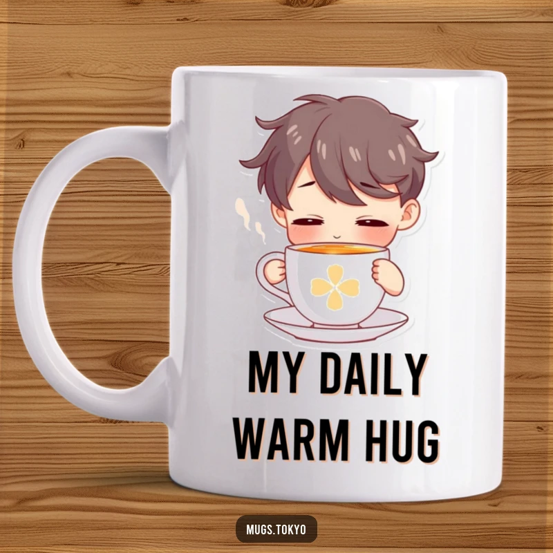 Funny mug featuring a character delicately sipping from a tiny, steaming tea cup, radiating peaceful amusement.