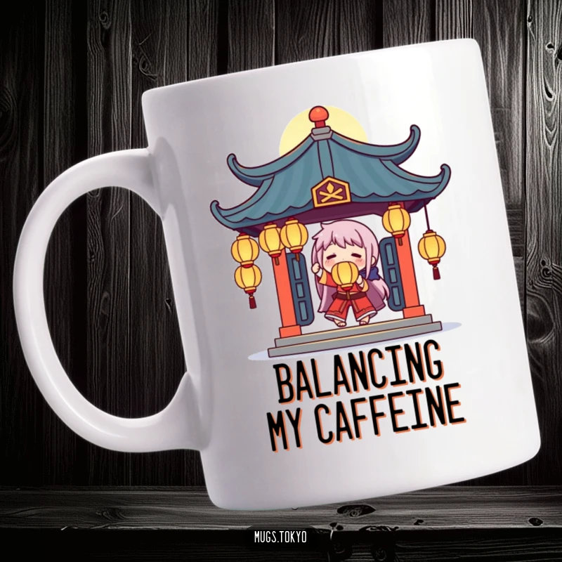 Funny mug depicting a character skillfully juggling glowing lanterns beneath a stylized temple roof with a joyful expression.