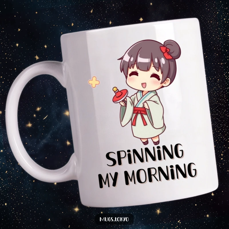 Funny yukata spinner mug, a character in a small yukata happily playing with a spinning top, evoking childhood joy and fun.