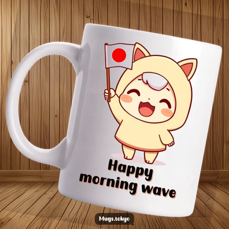 Funny mug with a character enthusiastically waving a small Japanese flag, showing pride and cheerful national spirit.
