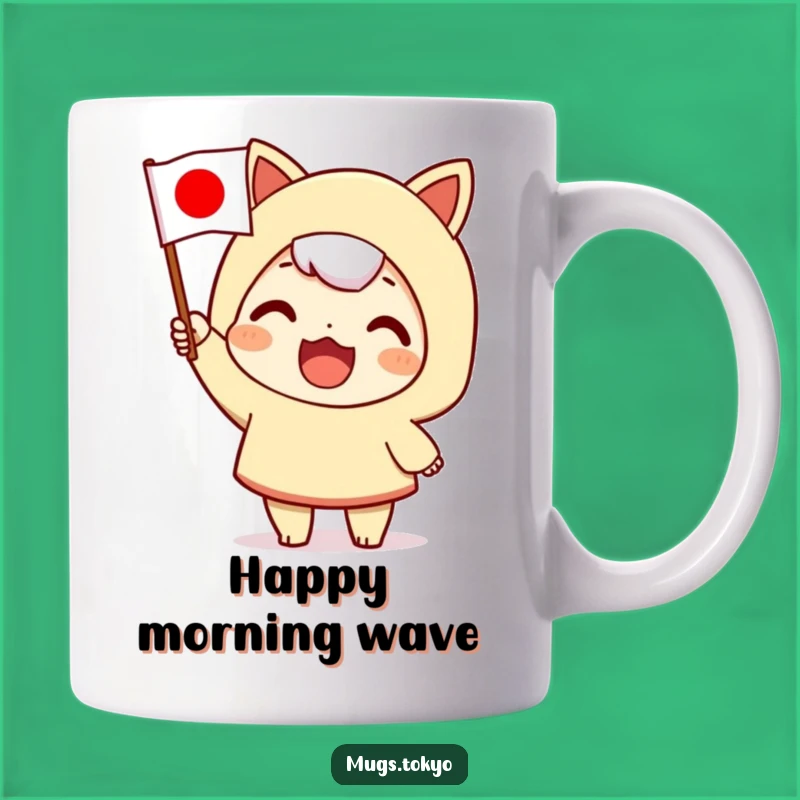 Funny Japanese Flag Mug: Enthusiastic Character Waving with Pride