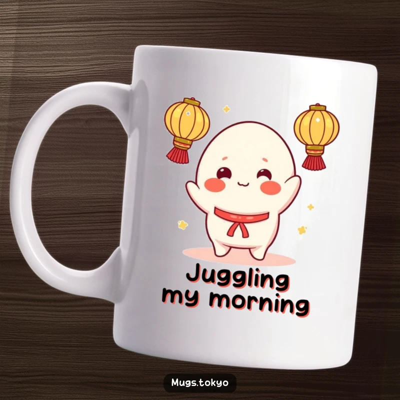 Funny mug depicting a cheerful mochi character with rosy cheeks, attempting to juggle glowing lanterns, full of playful energy.