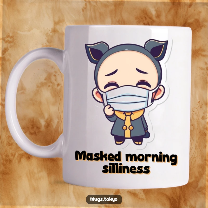 Funny mug showing a character wearing a tiny mask and pulling a comical, exaggerated funny face.